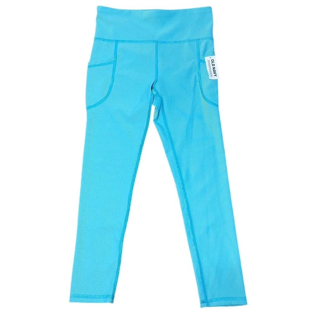Old Navy NEW PowerSoft Go-Dry High-Rise Leggings Turquoise Lime Pinstripe Size 8